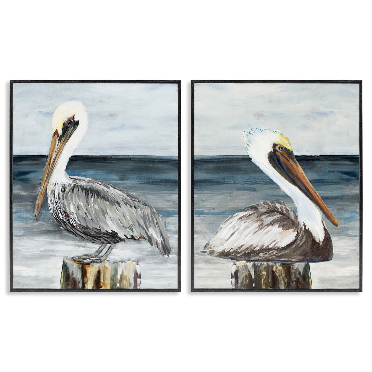 Stupell Industries Beachfront Pelican Log 2 pc Framed Giclee Wall Art Set Design by Julie DeRice
